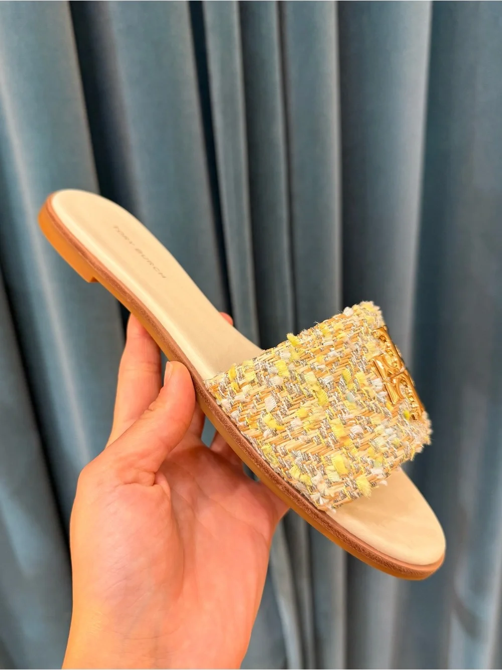 Tory Burch Everly Tweed Flat Slide Sandals Gold Logo Multicolor